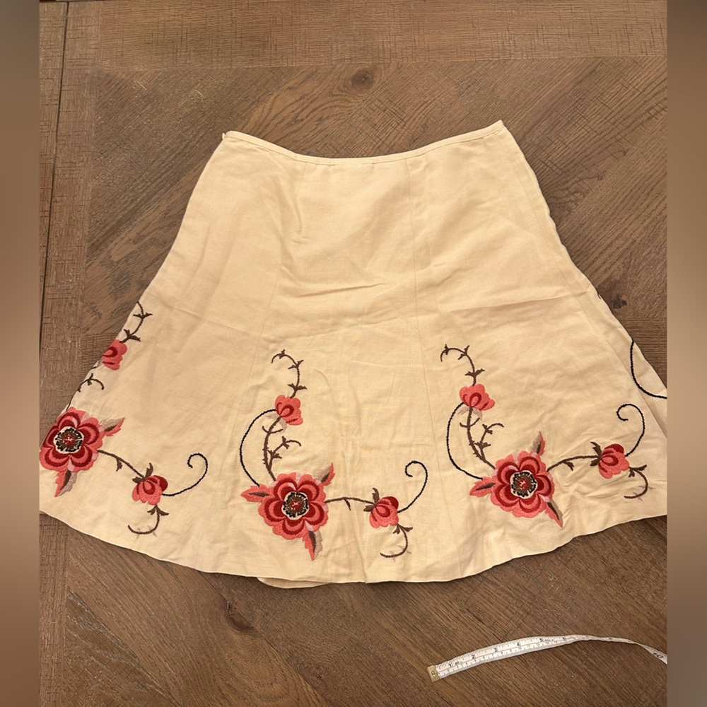 Ann Taylor Loft Women's 6P Ivory Skirt Rose Floral Embroidered Linen Blend Flare